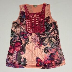 One World Butterfly Print Tank Top Women XL Peach‎ Crochet Boho Sleeveless